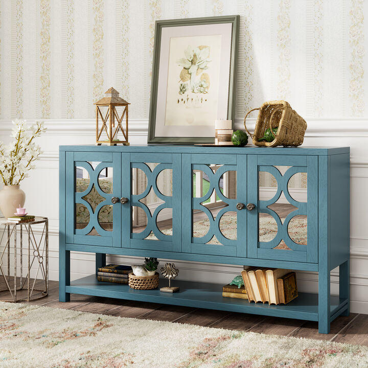 TREXM Elegant Retro Console Table/Storage Cabinet/Sideboard with Mirrored Doors, Spacious Shelves, and Durable Acacia Wood Legs - Perfect for Living Room, Dining Room, or Entryway (Antique Navy)