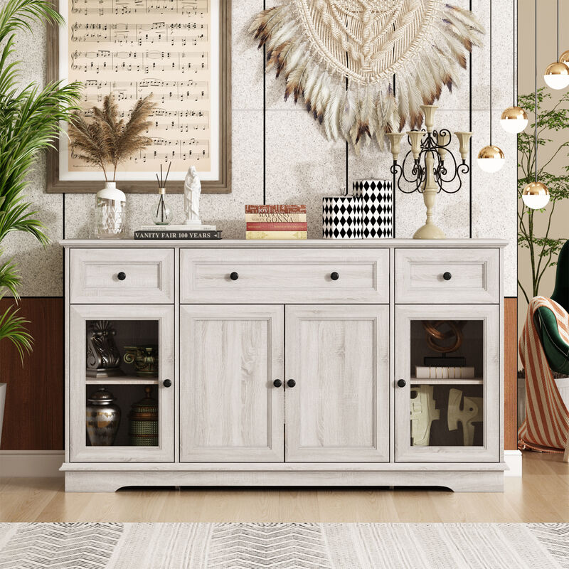 Retro Beige Light Wood Grain 35.4 in. Height Storage Cabinet, Sideboard, Food Pantry with 3-Drawer and 5-Shelf