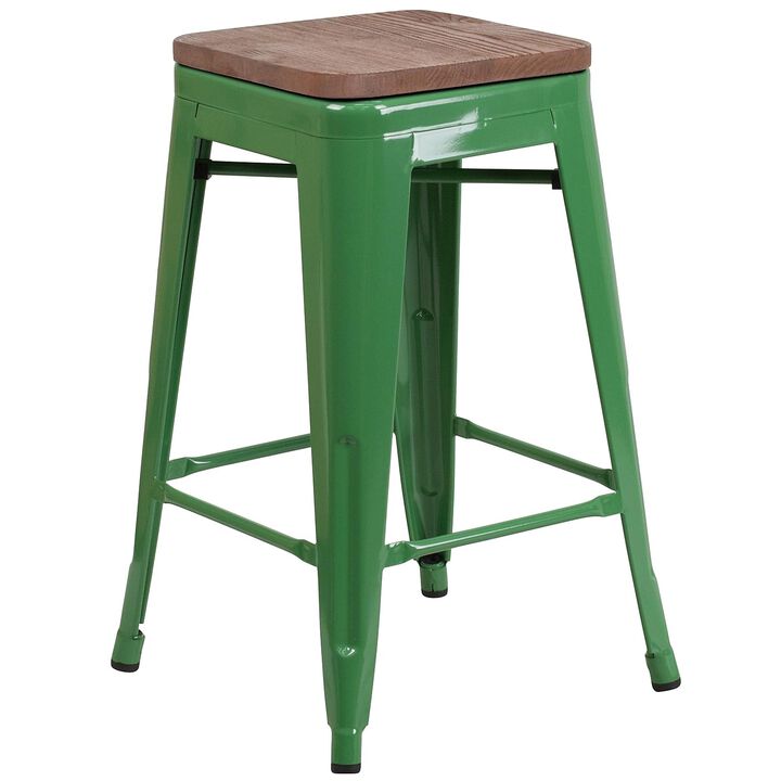 Flash Furniture Lily 24" High Backless Green Metal Counter Height Stool with Square Wood Seat