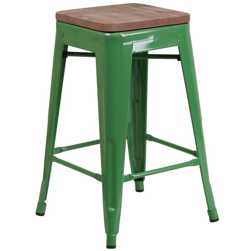 Flash Furniture Lily 24" High Backless Green Metal Counter Height Stool with Square Wood Seat