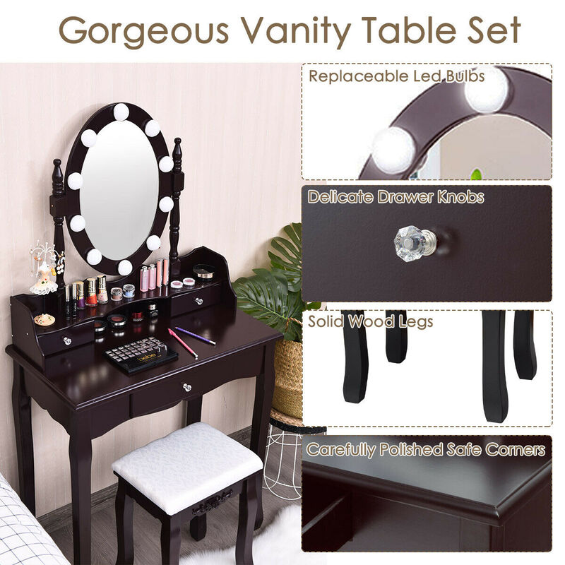 Oval Mirror Vanity Set  with 10 LED Dimmable Bulbs and 3 Drawers
