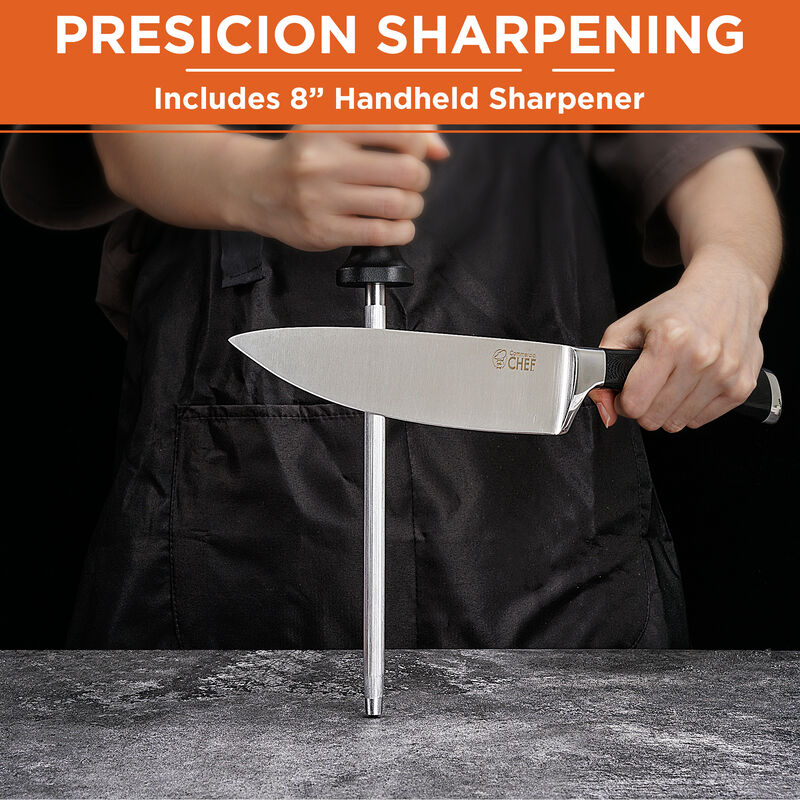 Commercial Chef Pro Chef Knife 8 inch Blade with Triple Rivet Ergonomic G10 Handle with Knife Sharpener - 7Cr17Mov High Carbon Stainless Steel Forged Chef's Knife Razor Sharp Full Tang Sharp