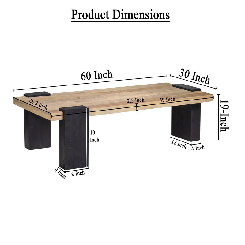 Bonne Coffee Table, 60 Inch Wide Rectangular Top, Handcrafted White Oak and Sandblasted Black