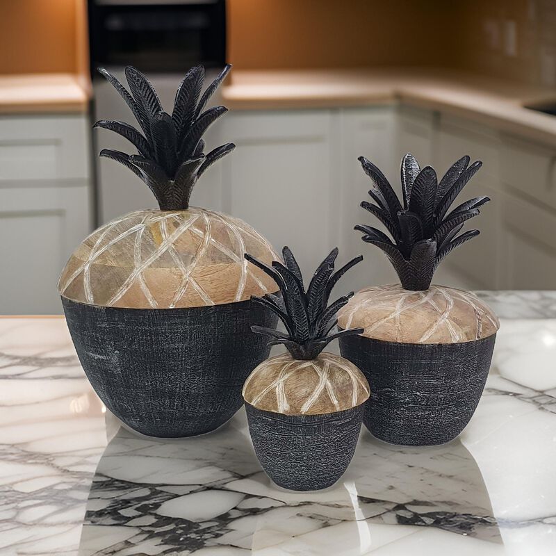14, 12, 11 Inch Lidded Jar, Pineapple Design, Gray Mango Wood, Set of 3-Benzara