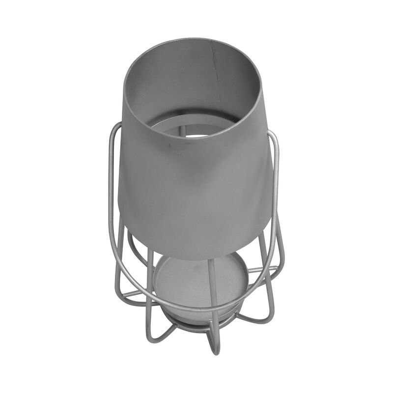 Ambient 12 Inch Vintage Style Iron Candle Stand Lantern, Sleek Curved Handle, Metallic Silver-Benzara