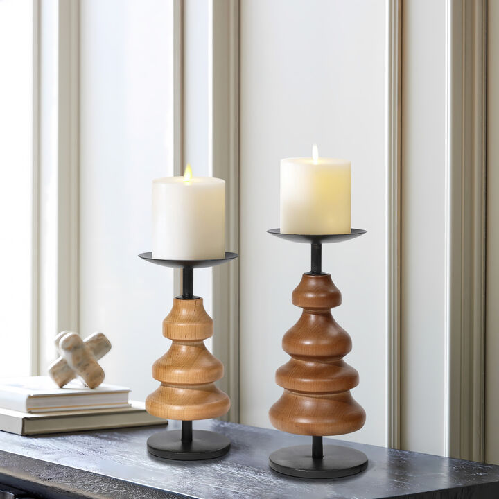 LuxenHome 2-Piece Birch Wood with Metal Pillar Candle Holder Set