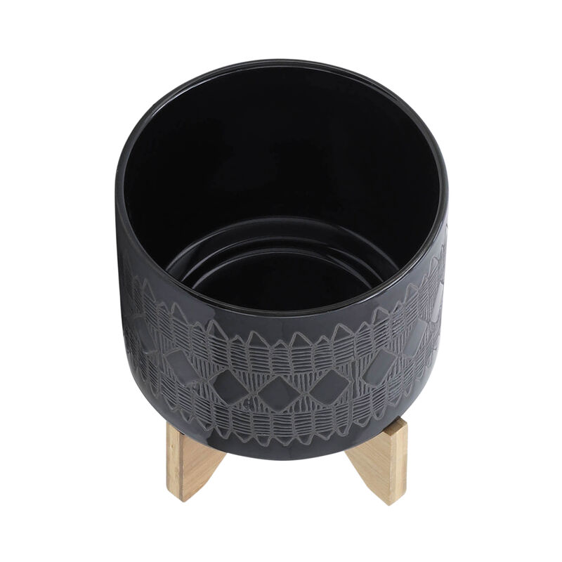 Aztec Planter on Wooden Stand, Black Set