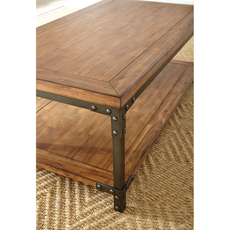 Rustic-Industrial Cocktail Table - Mixed Media Styling, Antiqued Honey Finish, Bottom Shelf - Attitude and Functionality