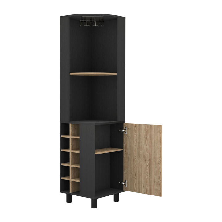 DEPOT E-SHOP Morocco Corner Bar Single Door Cabinet Two Shelves, Ten Built-in Wine Rack, Two Interior Shelves, Black / Pine