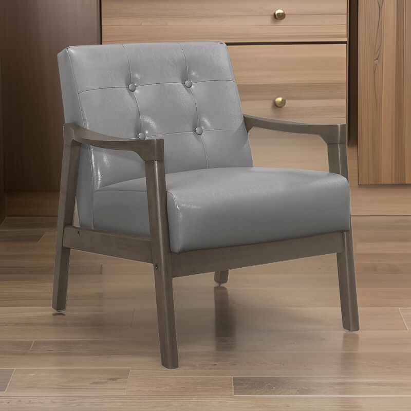 Aly 31 Inch Accent Chair Armchair, Gray Faux Leather, Brown Solid Wood - Benzara