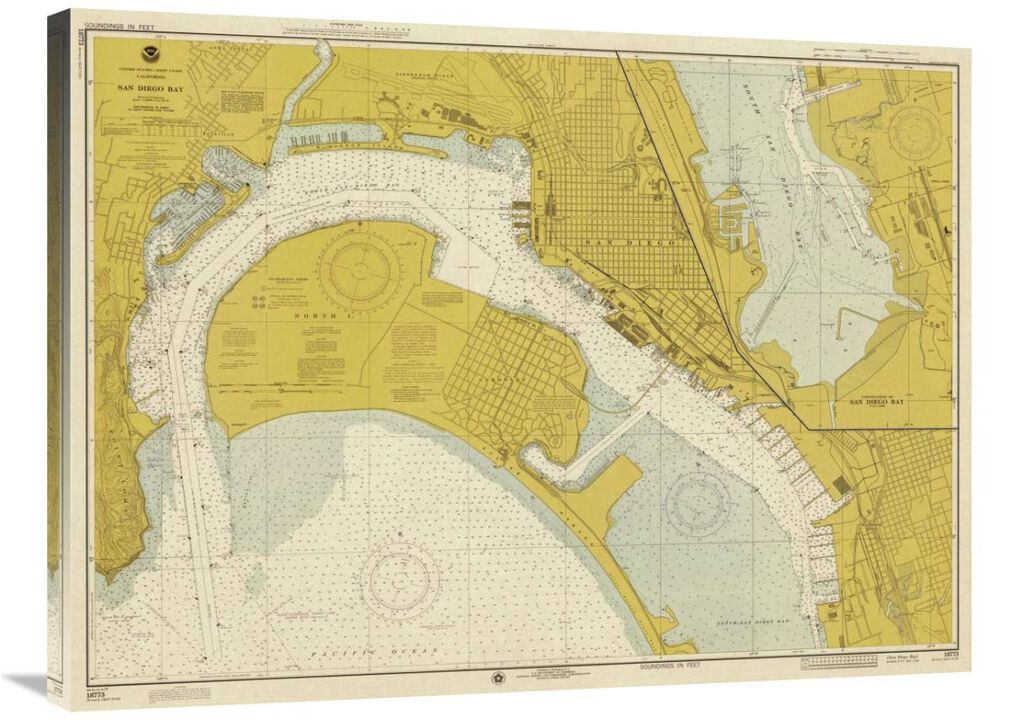 Nautical Chart - San Diego Bay ca. 1974 - Sepia Tinted-Canvas Art-36x27