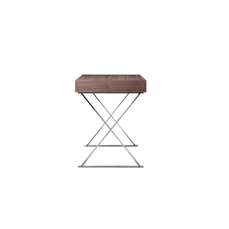 Rix 47 Inch Office Desk, Walnut Wood Top, 2 Drawers, X Polished Steel Legs - Benzara