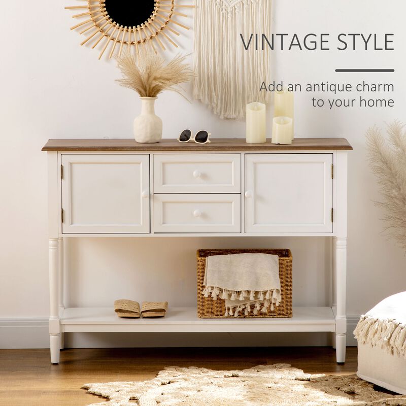 White Vintage Entryway: Retro Console Table with Drawers & Cabinets