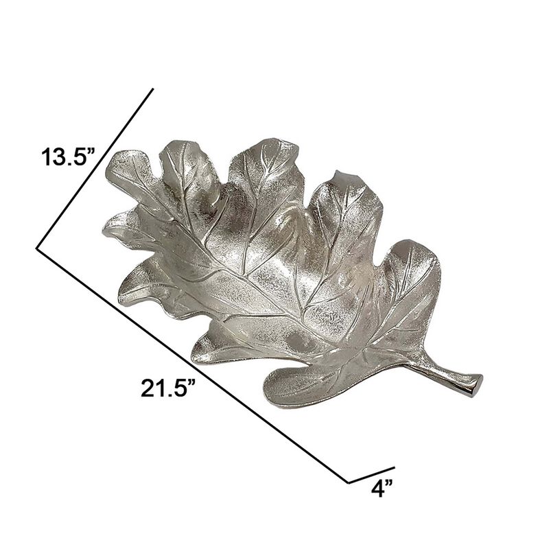 22 Inch Modern Decorative Tray, Oak Leaf Design Striking Silver Metal Frame-Benzara