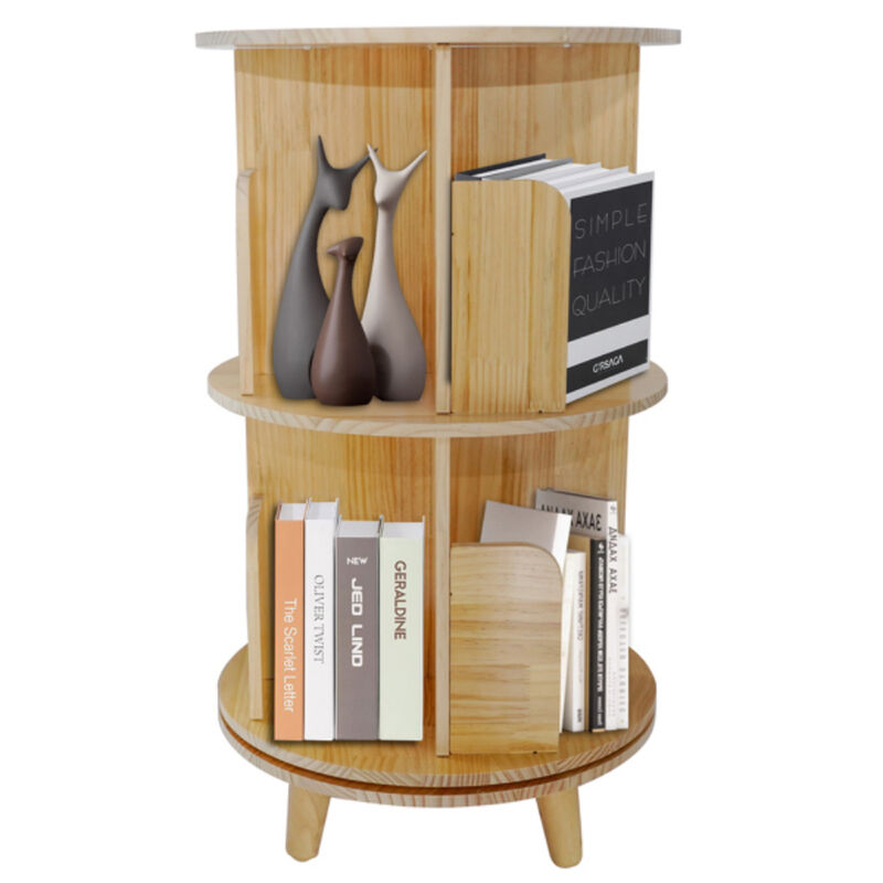 Rotating 2-Layer Bookcase, 360° Pine Wood Bookshelf with Display Rack for Home or Office