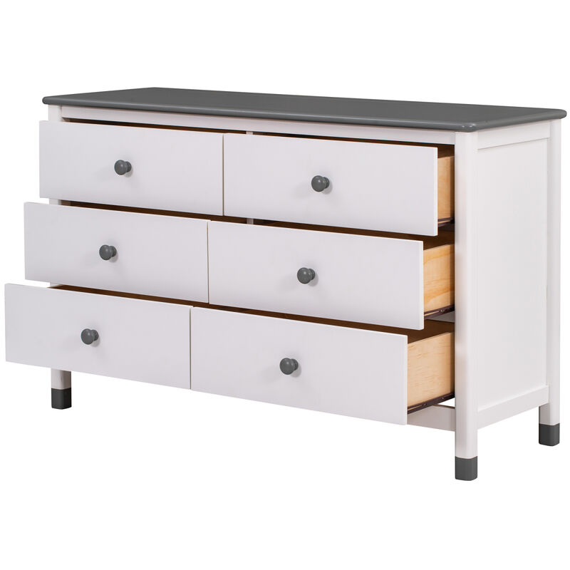 Wooden Storage Dresser With 6 Drawers, Storage Cabinet For Kids Bedroom, White+Gray