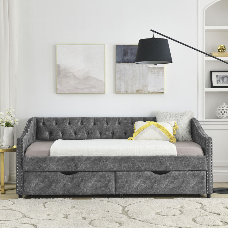 Grey Upholstered Twin Daybed with Drawers & Tufted Sofa