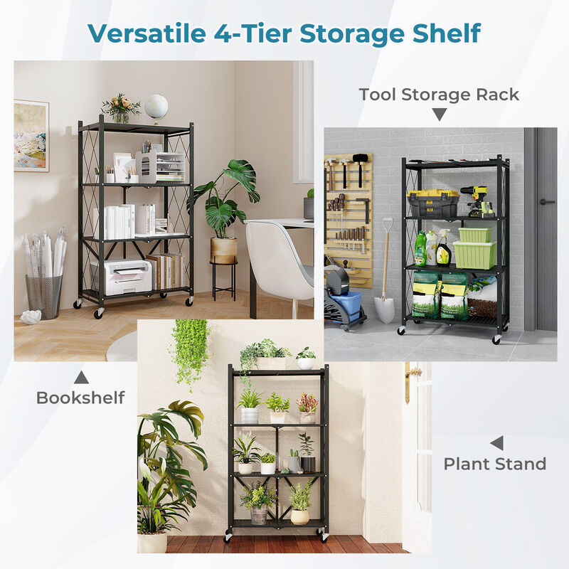 4-Tier Foldable Storage Shelf Collapsible Storage Rack with Lockable Wheels