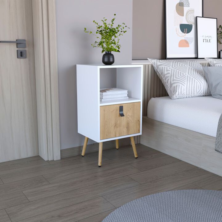Huna Tall Nightstand with Open Storage and Drawer in Modern Design-White / Macadamia