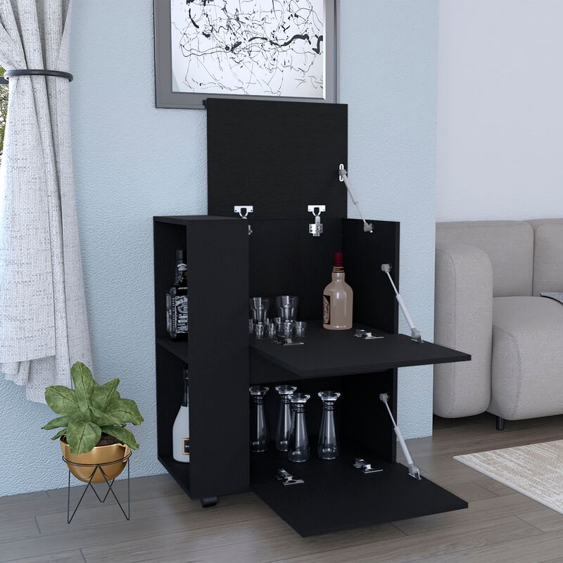 Glasgow Bar Cart Two Pull-Down Door Cabinets and Two Open Shelves