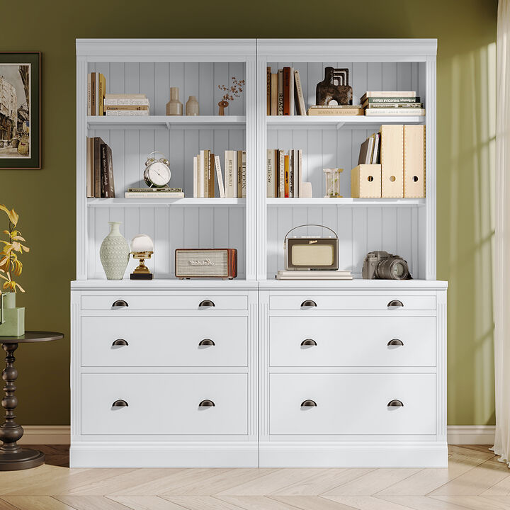 Merax 83.4"Tall Bookshelf Suite,Modern Bookcase Suite with LED Lighting, Drawers and Open Shelves,2-Piece Set Storage Bookshelf for Living Room,Home Office