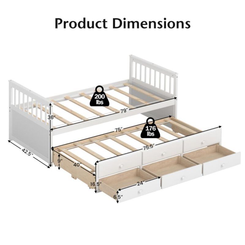Hivvago Twin Captains Bed with Trundle and 3 Storage Drawers