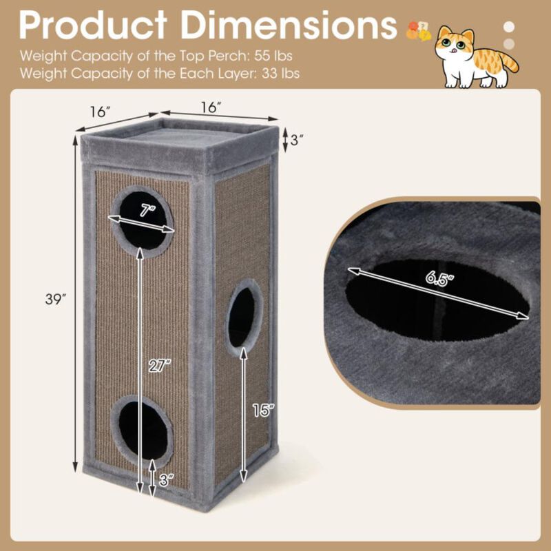 Hivvago 39 Inch Tall Cat Condo with Scratching Posts and 3 Hideaways and 4 Soft Plush Cushions
