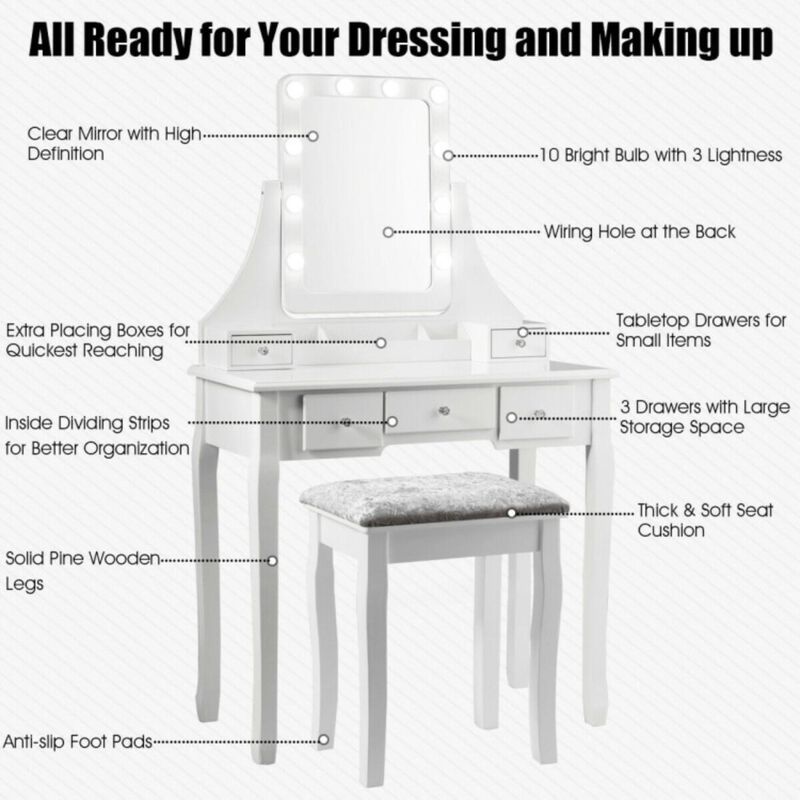 Hivvago Vanity Dressing Table Set with 10 Dimmable Bulbs and Cushioned Stool
