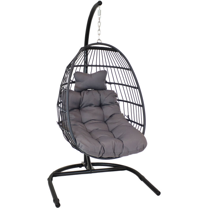 Sunnydaze Resin Wicker Hanging Egg Chair with Steel Stand/Cushions