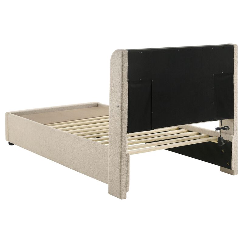 Madie Twin Platform Bed, LED and Storage, Cream Channel Tufted Boucle - Benzara