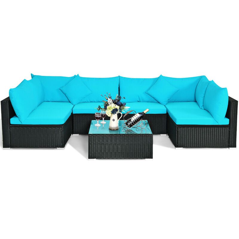 7 Pieces Sectional Wicker Furniture Sofa Set with Tempered Glass Top-Blue