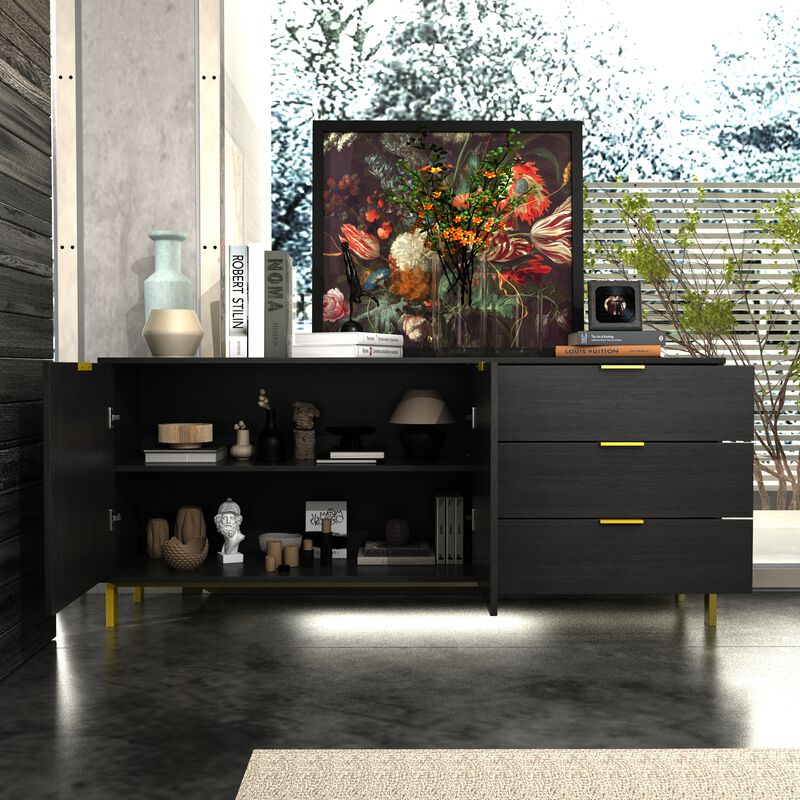 Sideboard Buffet Cabinet with 3 Drawers & 2 Doors for Kitchen, Entryway Cupboard with Gold Metal Legs, Black (62.9" L x 15.7" W x 27.5" H)