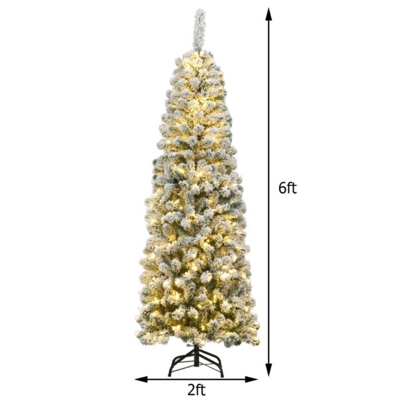 Hivvago 6 Feet Pre-lit Snow Flocked Artificial Pencil Christmas Tree with 250 LED Lights