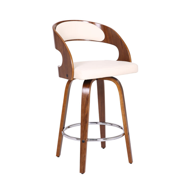 Shelly Bar Height Swivel Cream Faux Leather and Walnut Wood Bar Stool
