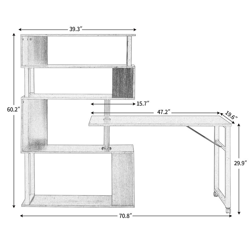L-Shaped Desk with Rotating Table and Bookshelf