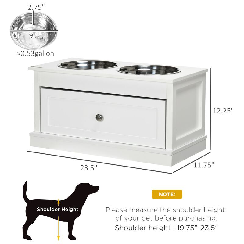 White Dog Feeder: Elevated Bowls with Storage Drawer for Large Dogs