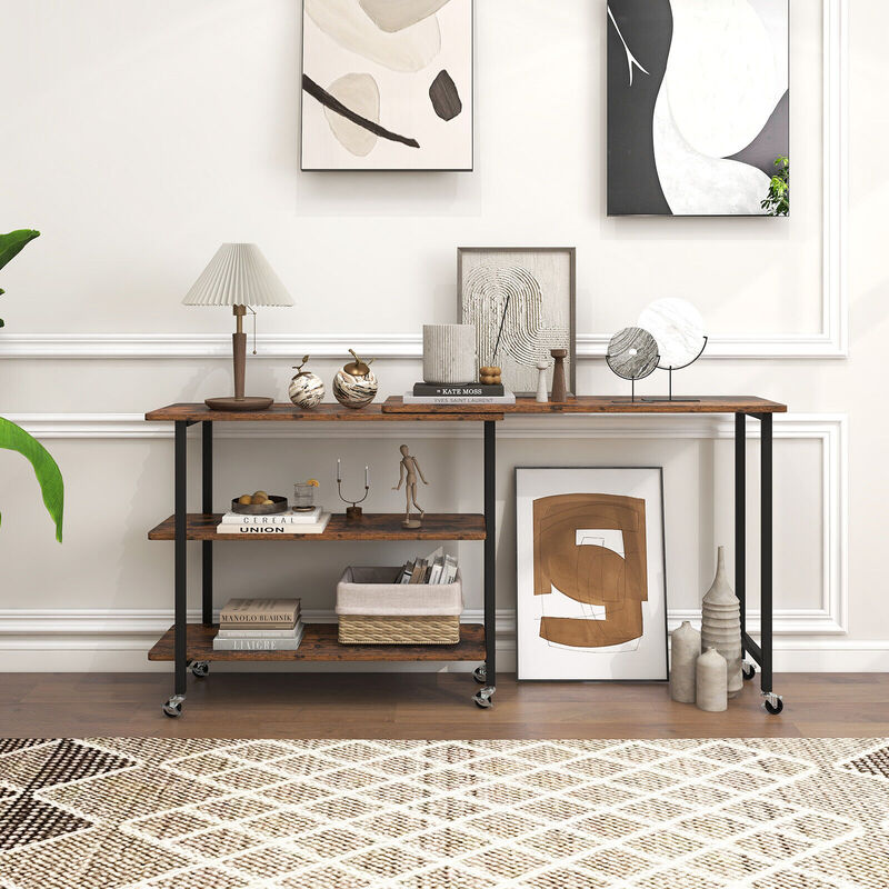 360� Rotating Sofa Side Table with 2-Tier Storage Shelves-Rustic Brown