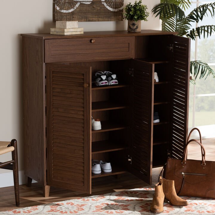 Baxton Studio Coolidge Modern Oak Brown Finished Wood 3 Door Shoe Storage Cabinet With Drawer