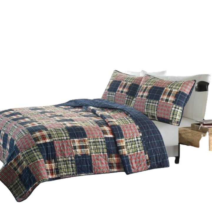 Hivvago King size Farmhouse Red Navy Plaid 100 Percent Cotton Reversible Quilt Set