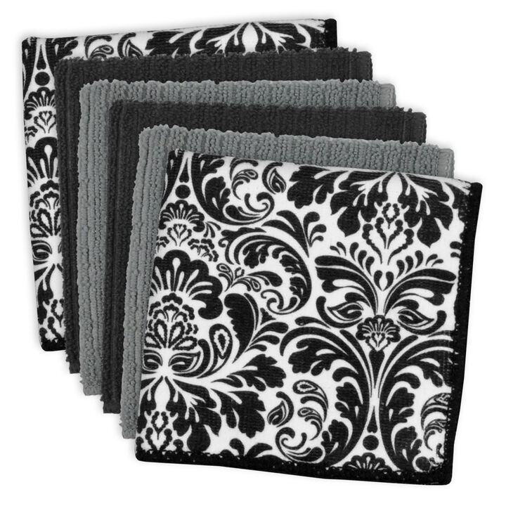 Set of 6 Black and White Square Microfiber Dishcloth  12"