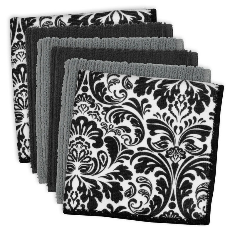 Set of 6 Black and White Square Microfiber Dishcloth  12"