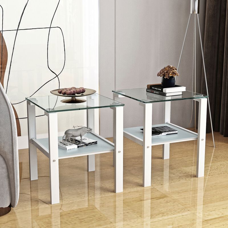 2-layer glass tea table, small round bedroom/living room corner side table, white