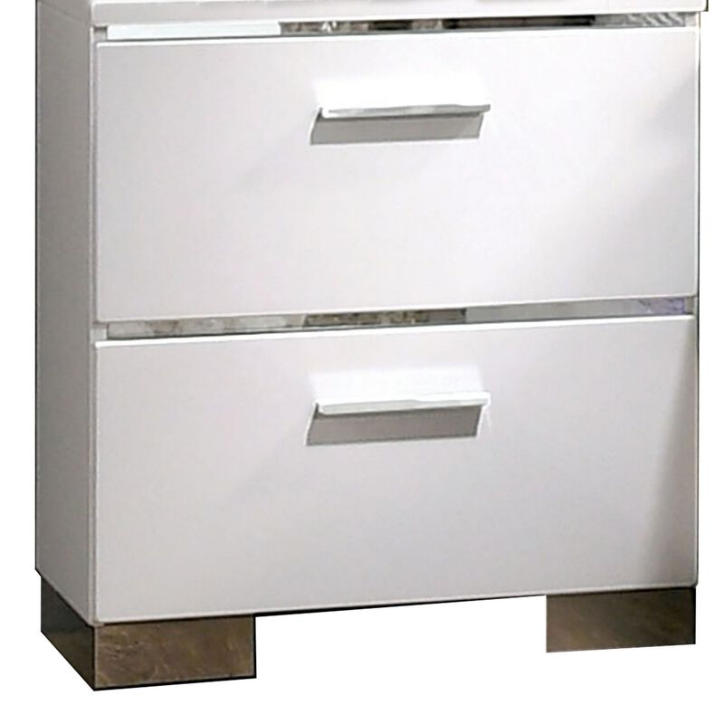 Wood and Metal Nightstand with 2 Drawers,  White and Silver-Benzara