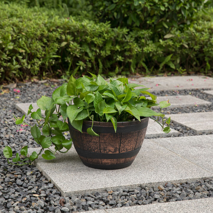 Brown Outdoor Rustic Half Barrel Flower Garden Planter Bowl, Plastic, Small
