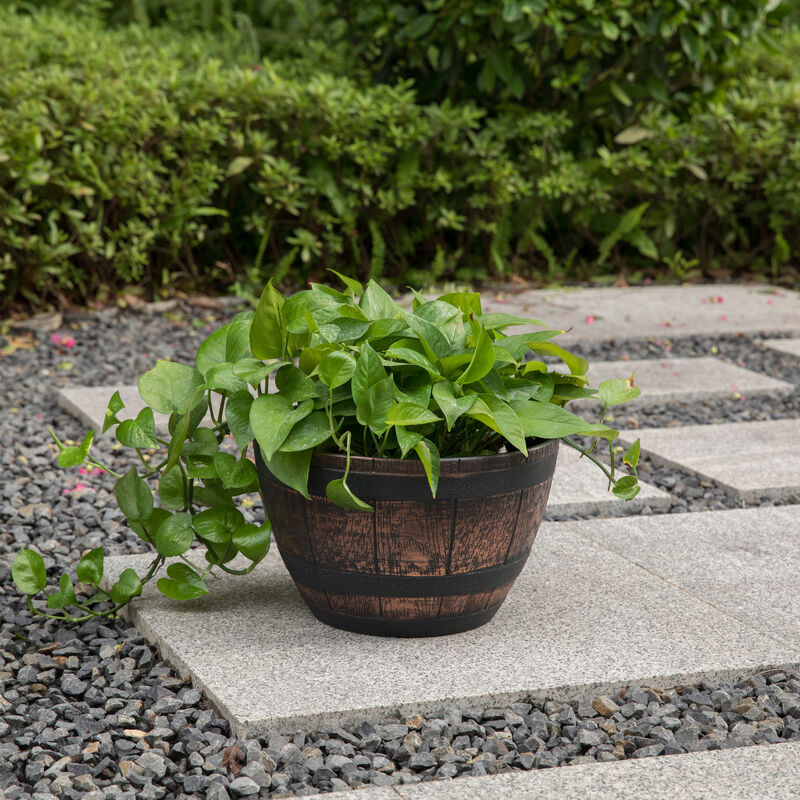 Brown Outdoor Rustic Half Barrel Flower Garden Planter Bowl, Plastic, Small