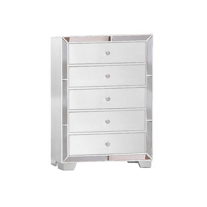 Eli 46 Inch Modern Wood Tall Dresser Chest, 5 Drawers, Mirrored, White-Benzara