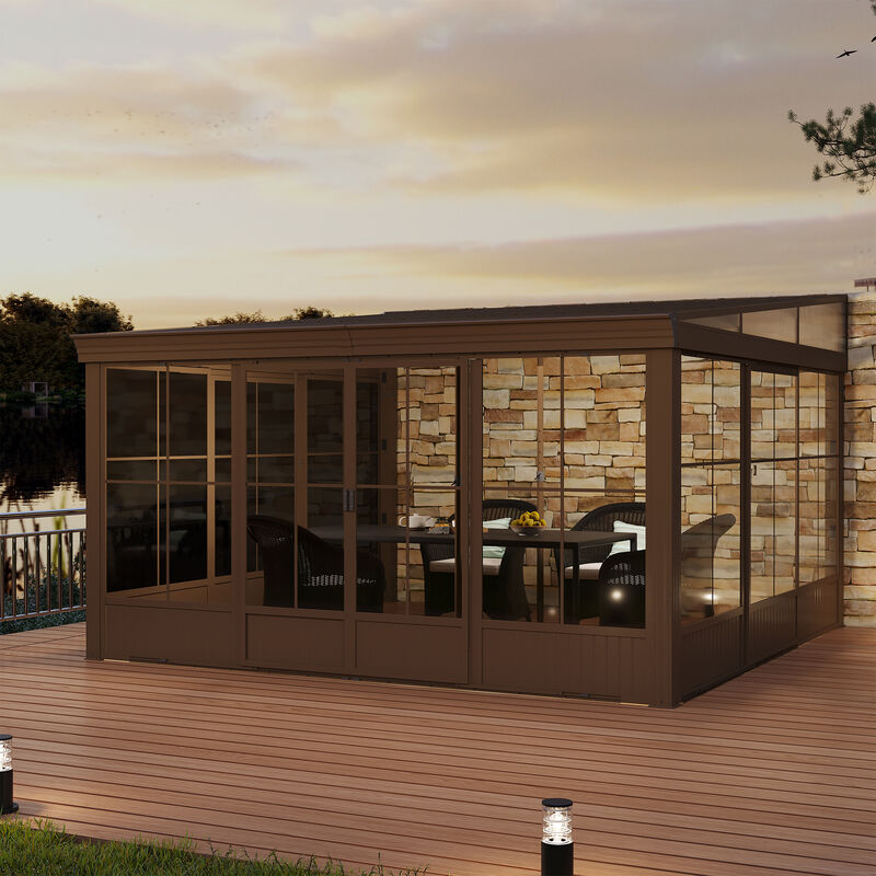 MONDAWE 12x14FT Hardtop Wall Mounted Gazebo Lean to Gazebo with Sloping Galvanized Steel Roof, Aluminum Frame, Drainage System, Curtains and Netting