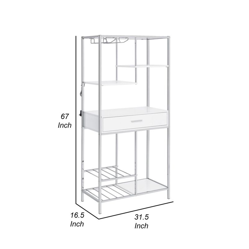 Roa 67 Inch Wine Bar Storage with 5 Shelves, 1 Drawer, White, Chrome Metal - Benzara