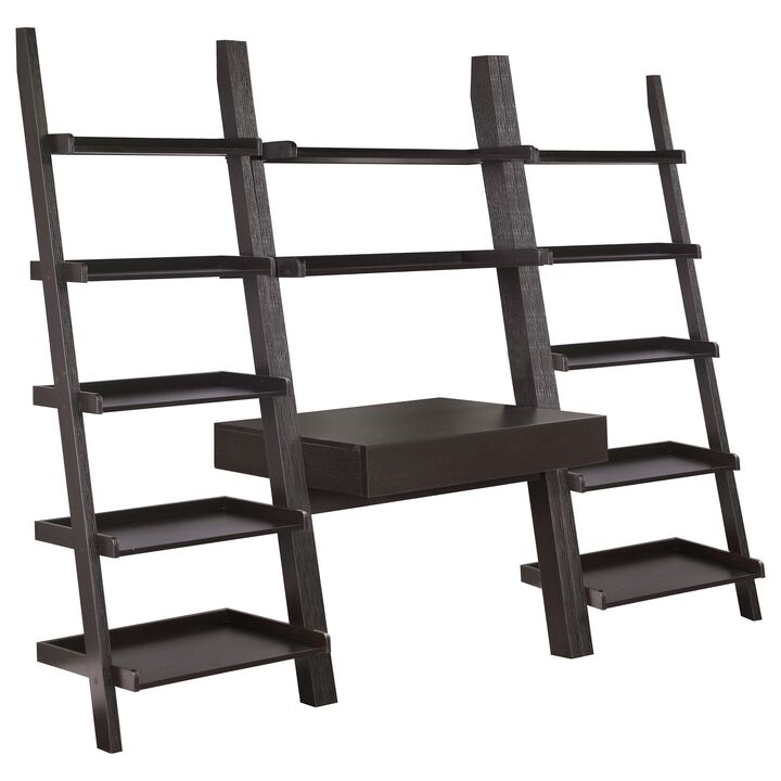 Api 3 Piece Angular Ladder Desk Set, 1 Drawer, 12 Shelves, Cappuccino Brown - Benzara