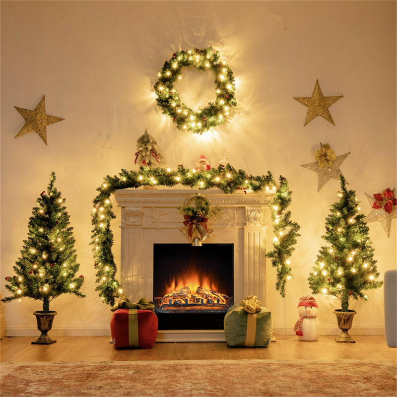 4-Piece Christmas Decoration Set with Pre-Lit Wreath, Garland, and Entrance Trees